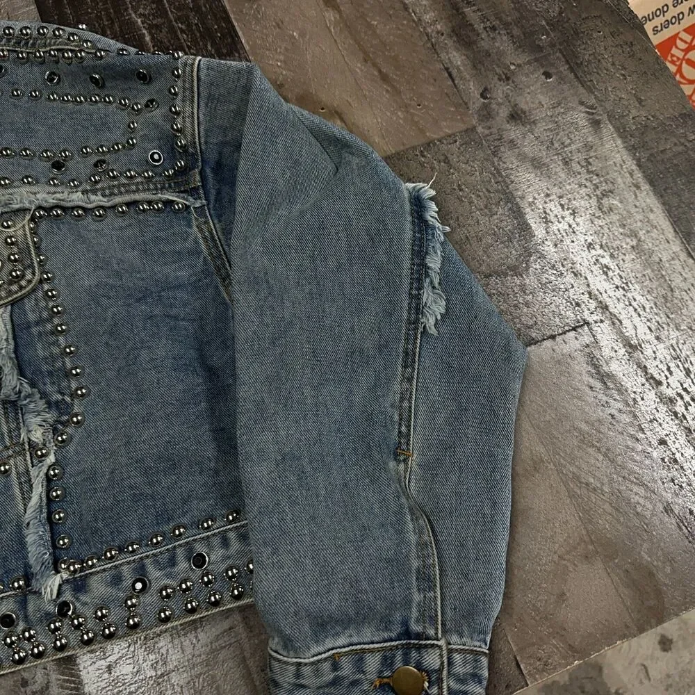 Ma Cherie Denim Jacket Womens Trucker Rhinestone Studded Jacket Size‎ Large